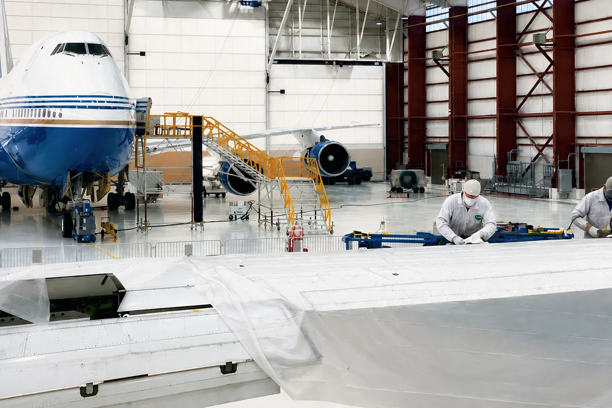 AvidJet team working on a widebody aircraft in a hangar