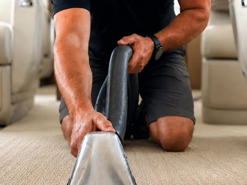 Aircraft cabin carpet being cleaned
