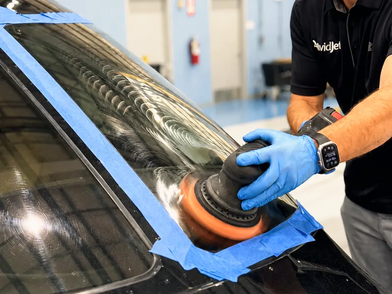 Aircraft windshield being polished